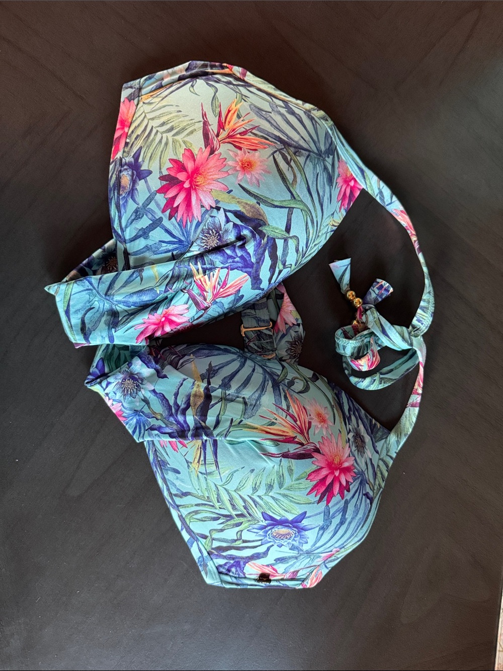 Floral Halter Bikini Top in Teal and Pink - Women's Swim